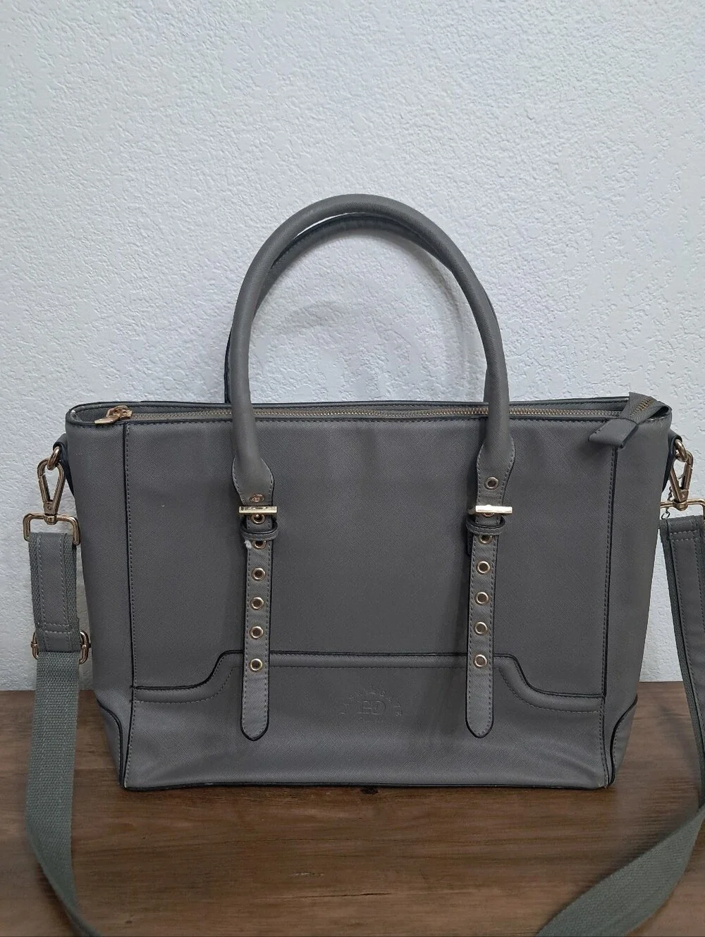 Ease Gave Gray Laptop Tote Bag Zip Closure Faux Leather Multi Pockets Career